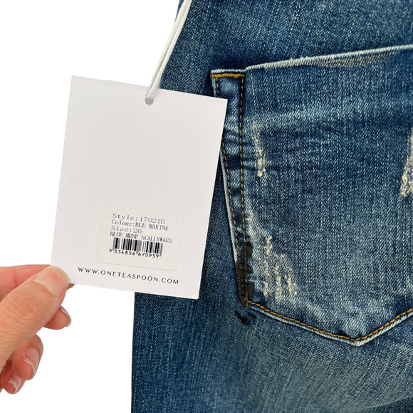One Teaspoon Scallywags Jeans High Rise Painted Blue Marine Wash Denim - Picture 10 of 14